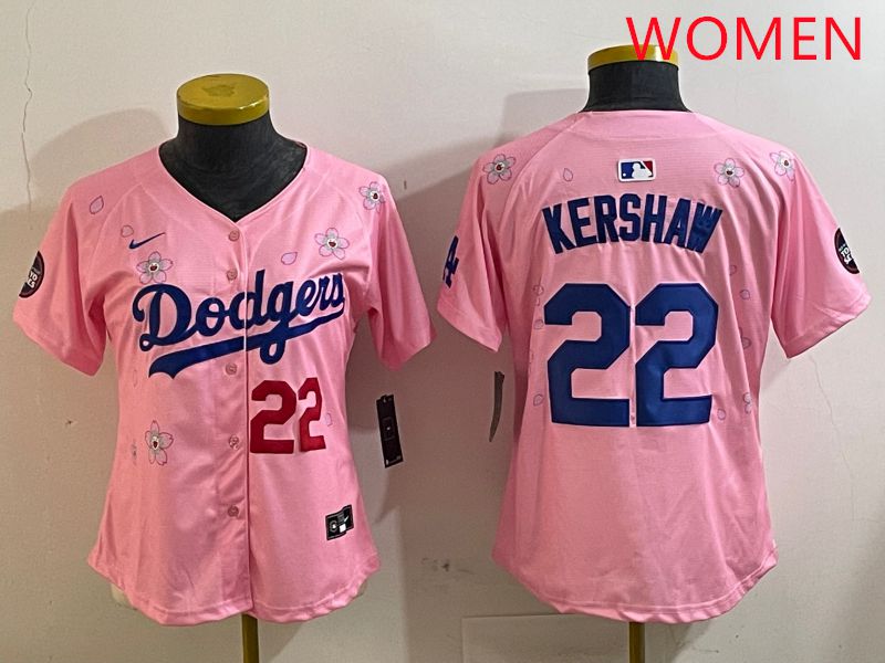 Women Los Angeles Dodgers #22 Kershaw Pink White Blue Sakura Edition 2025 Nike MLB Jersey style 2->women mlb jersey->Women Jersey